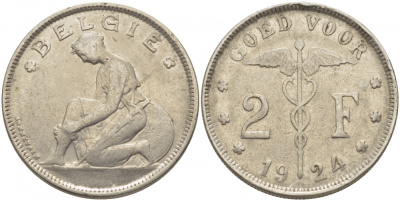 БЕЛЬГИЯ 2 ФРАНКА 1924 BELGIE KM 92 никель 114-821