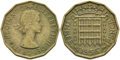 Великобритания 3 пенса 1956 Елизавета II (1952-2022) KM 900, Spink 4153 никель латунь 4561-1024