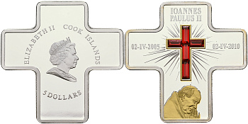 Острова Кука 5 долларов 2010 Иоанн Павел II, молитва, 5 лет со дня смерти, камни, позолота серебро PROOF 1097-4-31