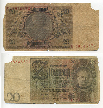 ГЕРМАНИЯ 20 РЕЙХСМАРОК 1929 М Pick 181а бумага 6289-6-1