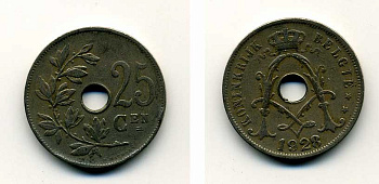 БЕЛЬГИЯ 25 САНТИМОВ 1928 BELGIE KM 69 медно-никель 41-914