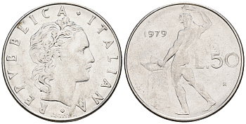 Италия 50 лир 1979 R, бог огня Вулкан у наковальни KM 95.1 нержавеющая сталь 259-137