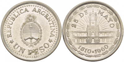 Аргентина 1 песо 1960 150 лет свержения Испанского вице-короля (1810-1960) KM 58 сталь плакированная никелем 4548-345