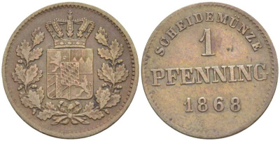 Бавария 1 пфенниг 1868 Людвиг II (1864-1886) КМ 471, Jaeger 91 AKS 185 медь 201-256