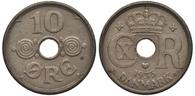 ДАНИЯ 10 ЭРЕ 1935 N; GJ, КРИСТИАН X (1912-1947) KM 822.2 медно-никель 4549-864