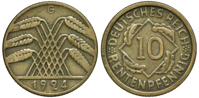 ГЕРМАНИЯ 10 РЕНТЕНПФЕННИГОВ 1924 G KM 33, J. 309, Weege 8 алюминиевая бронза 72-1533