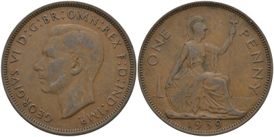 Великобритания 1 пенни 1939 Георг VI (1936-1952) KM 845, Spink 4114 бронза 4144-913