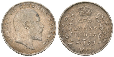 Британская Индия 2 анны 1907 Эдуард VII (1901-1910) KM 505 серебро 443-122