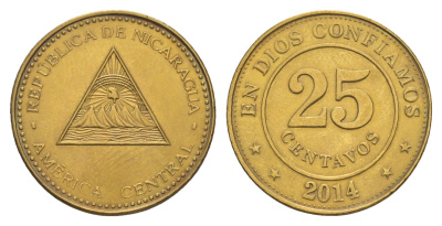 Никарагуа 25 сентаво 2014 KM 104 сталь плакированная латунью UNC 4641-321
