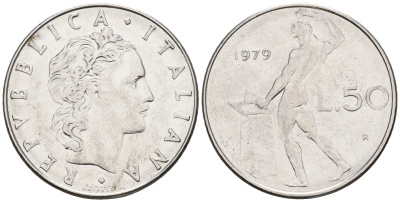Италия 50 лир 1979 R, бог огня Вулкан у наковальни KM 95.1 нержавеющая сталь 259-137