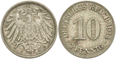 ГЕРМАНИЯ 10 ПФЕННИГОВ 1914 D KM 12, J. 13, Weege 8 медно-никель 212-312
