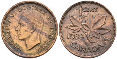 Канада 1 цент 1939 Георг VI (1937-1952), кленовый лист KM 32 бронза 4594-361