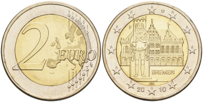 ФРГ 2 евро 2010 F, Бремен, городская ратуша и Роланд, серия Федеральные земли Германии KM 285 биметалл UNC 4592-1212