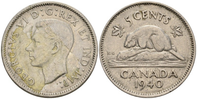 Канада 5 центов 1940 бобр, Георг VI (1937-1952) KM 33 никель 4605-714