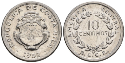 Коста-Рика 10 сентимо 1958  KM 185.1a сталь  UNC  4609-756