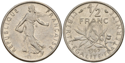 Франция 1/2 франка 1969 KM 931 никель 4150-1157