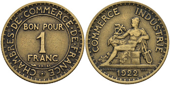 Франция 1 франк 1922 KM 876, Le Franc 218.5 алюминиевая бронза 4142-621