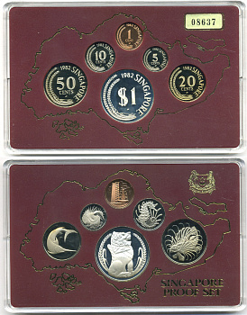 Сингапур набор из 6 монет 1982 официальный набор в оригинальной деревянной коробке, в пластике, с сертификатом KM PS15,  KM 1-5, 6a   PROOF  7-5-6-01