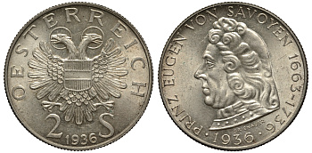 Австрия 2 шиллинга 1936 200 лет со дня смерти принца Евгения Савойского KM 2858 серебро 413-1834