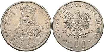 Польша 100 злотых 1987 MW, серия Польские короли, король Казимир III Великий (1333-1370) KM 167 медно-никель 4162-833