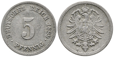 ГЕРМАНИЯ 5 ПФЕННИГОВ 1889 G, СТАРОГЕРБОВКА KM 3, J. 3 медно-никель 39-423