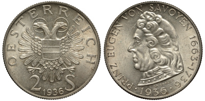 Австрия 2 шиллинга 1936 200 лет со дня смерти принца Евгения Савойского KM 2858 серебро 413-1834