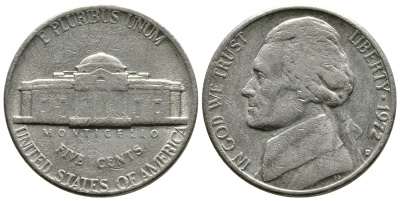 США 5 ЦЕНТОВ 1972 D, ДЖЕФФЕРСОН KM А192 медно-никель 73-1141