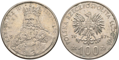 Польша 100 злотых 1987 MW, серия Польские короли, король Казимир III Великий (1333-1370) KM 167 медно-никель 4162-833