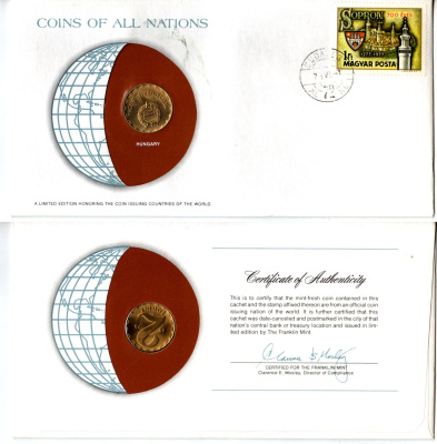 Венгрия 2 форинта 1978 конверт с маркой первого дня гашения, Coins of Nations KM 591 латунь UNC 4295-11-1