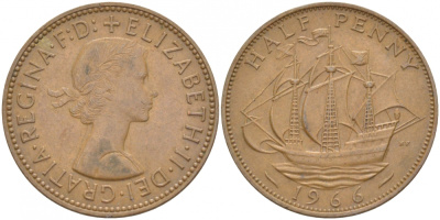 Великобритания 1/2 пенни 1966 Елизавета II (1952-2022) KM 896, Spink 4158 бронза 212-1227