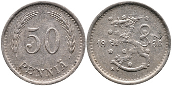 ФИНЛЯНДИЯ 50 ПЕННИ 1936 S KM 26 медно-никель 4387-526
