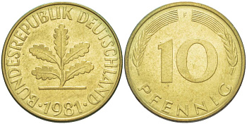 ФРГ 10 ПФЕННИГОВ 1981 F KM 108, J. 383 сталь плакированная латунью 219-536