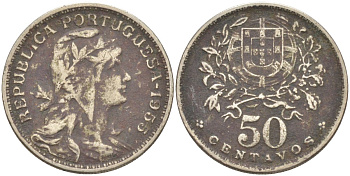 Португалия 50 сентаво 1955 голова Свободы вправо KM 577 медно-никель 219-851