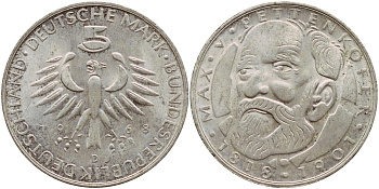 ФРГ 5 марок 1968 D, 150 лет со дня рождения Макса фон Петтенкофера J. 398, KM 123.1 серебро aUNC 1529-213