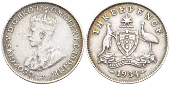 Австралия 3 пенса 1934 m, Георг V (1910-1936), герб Австралии KM 24 серебро 4516-133