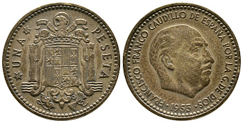 ИСПАНИЯ 1 ПЕСЕТА 1953 (62) ФРАНСИСКО ФРАНКО ДИКТАТОР ИСПАНИИ (1939-1975) KM 775 алюминиевая бронза 93-256