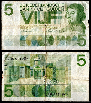 Нидерланды 5 гульденов 1966 Pick 90 a бумага 7484-5-2-2