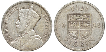 Фиджи 1 флорин 1934 Георг V (1910-1936), герб Фиджи KM 5 серебро    91-1212