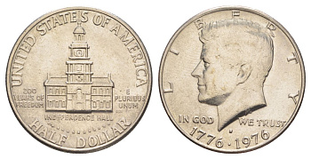 США 1/2 доллара (50 центов) 1976 D, 200 лет независимости, Джон Кеннеди KM 205 медь плакированная медно-никелем aUNC 4545-546