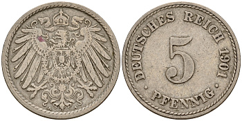 Германия 5 пфеннигов 1901 A J.12, KM 11 медно-никель    4598-1128