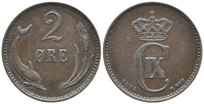 ДАНИЯ 2 ЭРЕ 1894 КРИСТИАН IX (1863-1906) KM 793.2 бронза 34-451