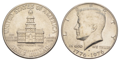 США 1/2 доллара (50 центов) 1976 D, 200 лет независимости, Джон Кеннеди KM 205 медь плакированная медно-никелем aUNC 4545-546