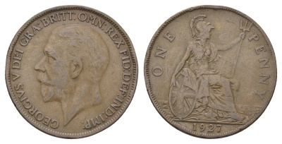Великобритания 1 пенни 1927 Георг V (1910-1936), год-тип KM 826, Spink 4054 бронза 4536-113