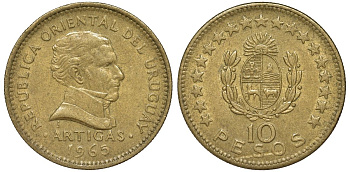 Уругвай 10 песо 1965 KM 48 алюминиевая бронза 4572-125