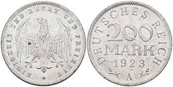 Германия 200 марок 1923 A KM 35, J. 304, Weege 22 алюминий UNC 4586-246