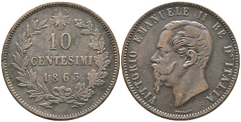 ИТАЛИЯ 10 ЧЕНТЕЗИМО 1863 ВИКТОР ИМАНУИЛ II (1861-1878) KM 11.2 медь 32-613