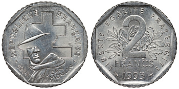 Франция 2 франка 1993 Жан Мулен, 50 лет Национальному движению сопротивления KM 1062, Le Franc 273.2 никель 4123-443