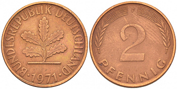 ФРГ 2 ПФЕННИГА 1971 J KM 106a, J.381a сталь плакированная сталь плакированная медьюю 4396-1563