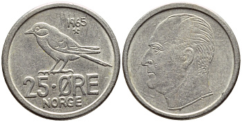 Норвегия 25 эре 1965 Улаф V (1958-1991), синица KM 407 медно-никель 4396-423