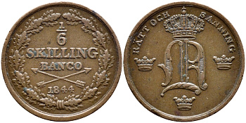 Швеция 1/6 скиллинга 1844 Оскар I (1844-1859) KM 656 медь 4396-222